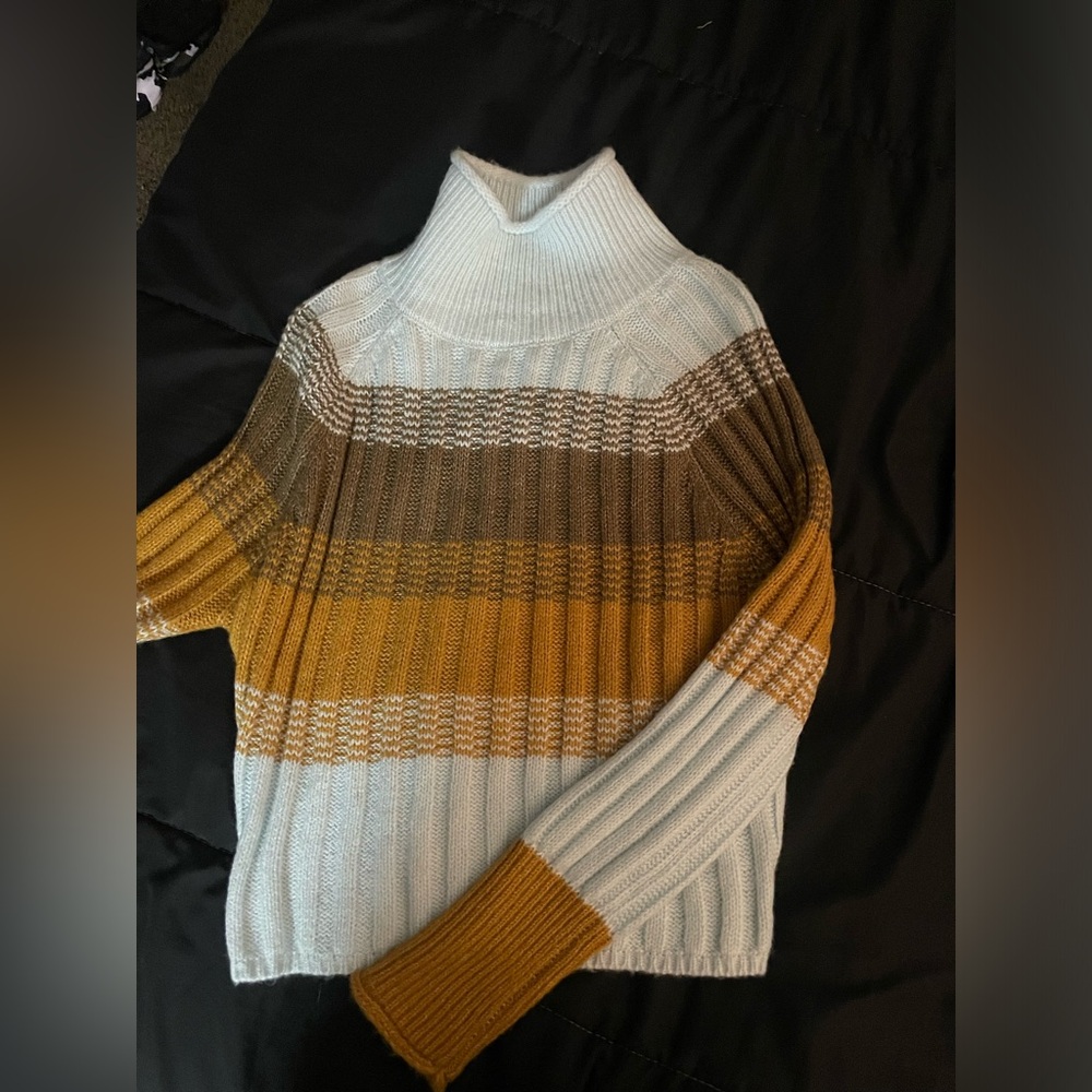 Blue and brown horizontal stripped turtle neck.